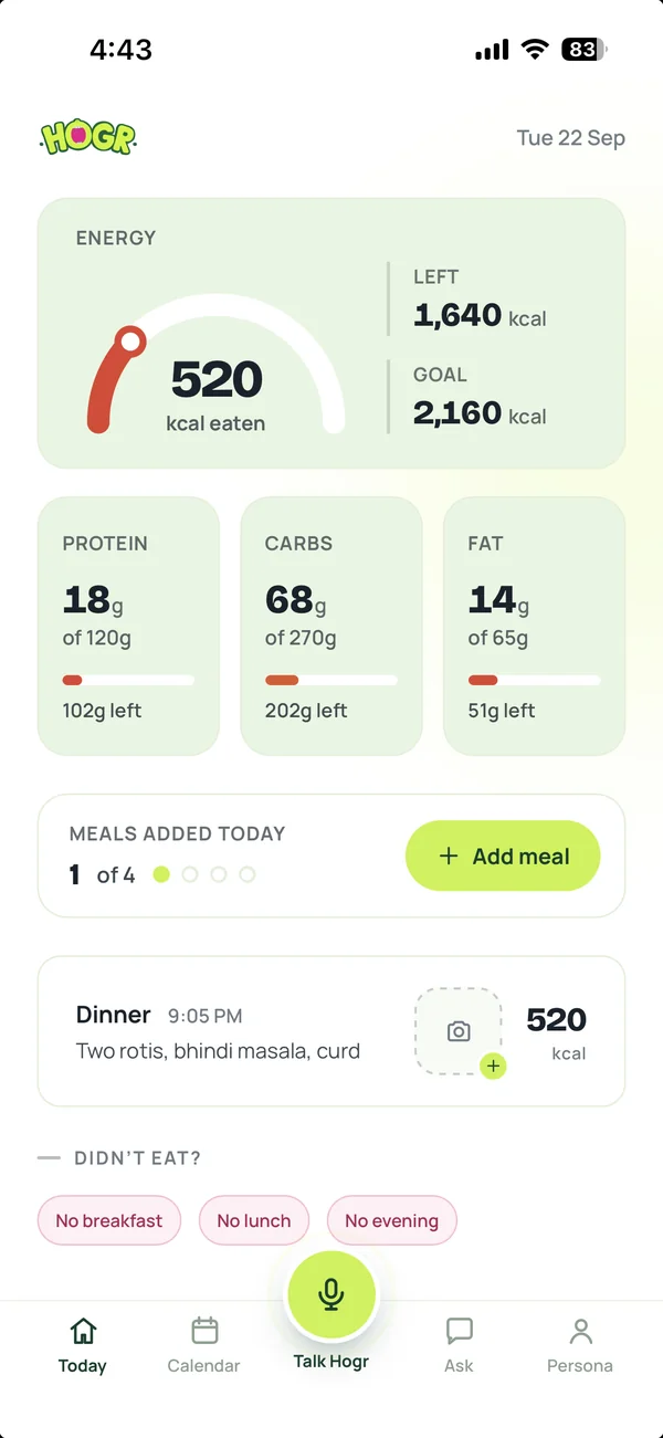 Hogr Today screen: 520 kcal eaten of a 2,160 kcal goal, protein, carbs and fat so far, and a logged dinner of two rotis, bhindi masala and curd.